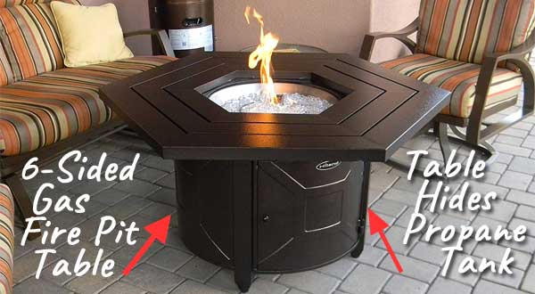 6-Sided Gas Fire Pit Table with Lid and Clear Fire Glass Included