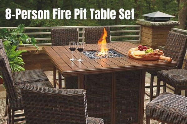 8-Person Bar Height Fire Pit Table Set with Wicker Barstools