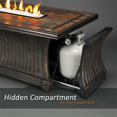 Agio Vienna Fire Pit Pull-Out Hidden Compartment for Propane Gas Tank Under Table