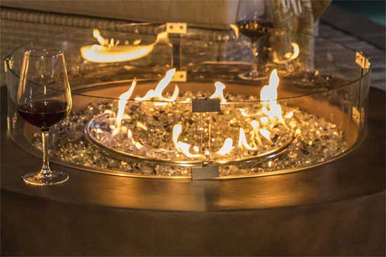 Clear Fire Glass in Round Fire Bowl with Ring of Flames