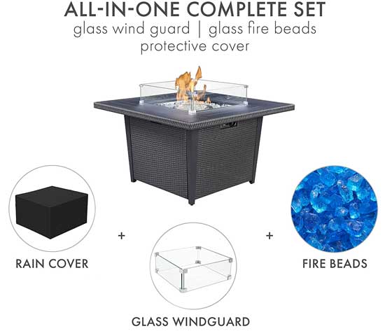 Fire Pit Table Accessories: Protective Canvas Cover, Fire Glass and Glass Wind Guard