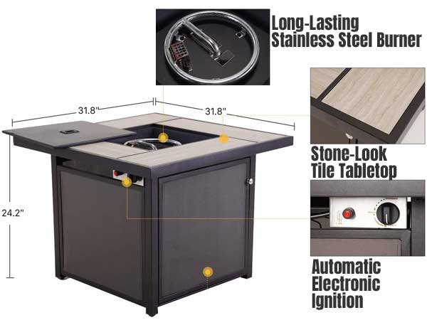 Fire Pit Table Features: Stainless Steel Burner, Electronic Ignition, Ceramic Tile Tabletop
