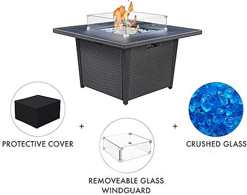 Fire Table Accessories Include Crushed Blue Fire Glass, Table Cover and Removable Glass Wind Guard