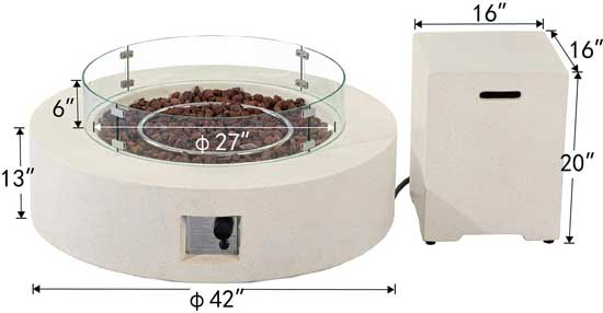 Dimensions for the Round Fire Table, Glass Wind Guard and Tank Cover