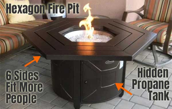Hexagon Gas Fire Pit Table Fits More Guests & Hides Propane Tank