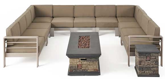 Outdoor Corner Sectional Sofa Set with Propane Gas Faux Stone Fire Pit Table