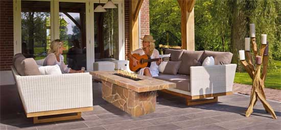 Outdoor Living Room with Sofas and Fire Pit Table