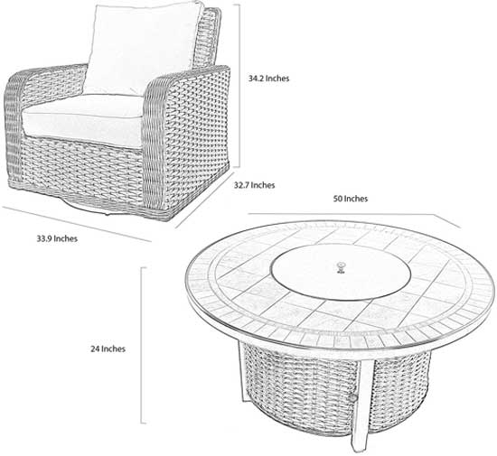 Patio Set Dimensions for Fire Pit Table and Swivel Chair