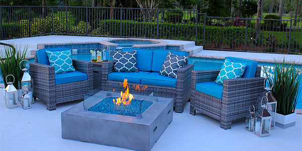 Poolside Outdoor Room with Concrete Fire Pit Table