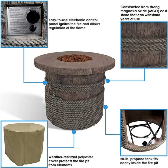 Rope and Barrel Fire Pit Features, Electronic Ignition, Cover, Gas Hookup