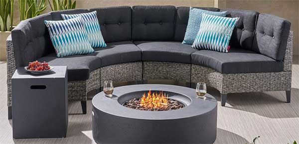 Round Sectional Sofa with Faux Concrete Fire Pit Set with Tank Holder