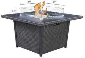 Square Fire Table with Glass Wind Guard - Dimensions