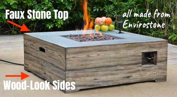 Stone Top Fire Pit Table with Wood-Look Sides Made from Environstone
