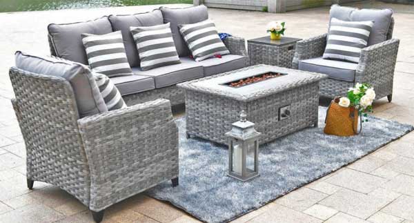 Grey Wicker Patio Furniture with Fire Pit Table Set